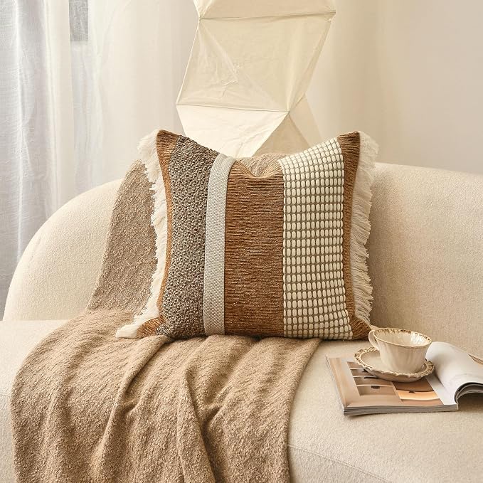 Burnt Orange Decorative Boho Throw Pillow Cover 20x20 | Modern Accent Square Pillows Cover with Handmade Drawn Work Tassel for Couch Bed Living Room Decorative