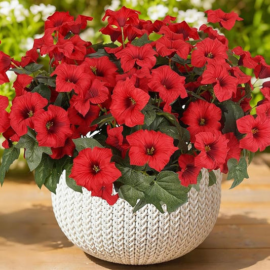 Artificial Flowers for Outdoors, Faux Petunias Spring Summer Decoration, Fake Flowers Plants UV Resistant Look Real Silk Flowers for Outside Planter Front Door Porch Patio Yard (6, Red)