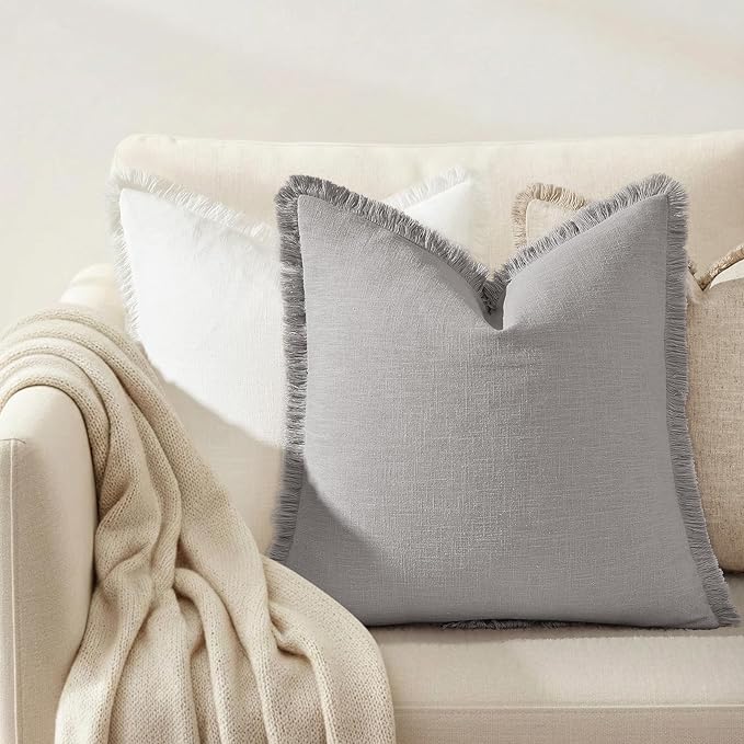 decorUhome Summer Decorative Neutral Linen Fringe Throw Pillow Covers Set of 2 Light Grey Pillow Covers with Tassels Soft Farmhouse Boho Accent Pillow Cases for Couch Bed Sofa 18x18 Inch