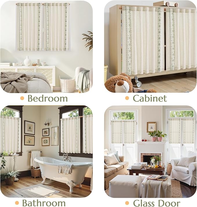 jinchan Small Window Curtains 54 Inch Length Linen Cafe Curtains for Kitchen Bathroom Bordered Floral Embroidered Short Drapes Rustic Farmhouse Light Filtering Curtain Set 2 Panels Green on Beige