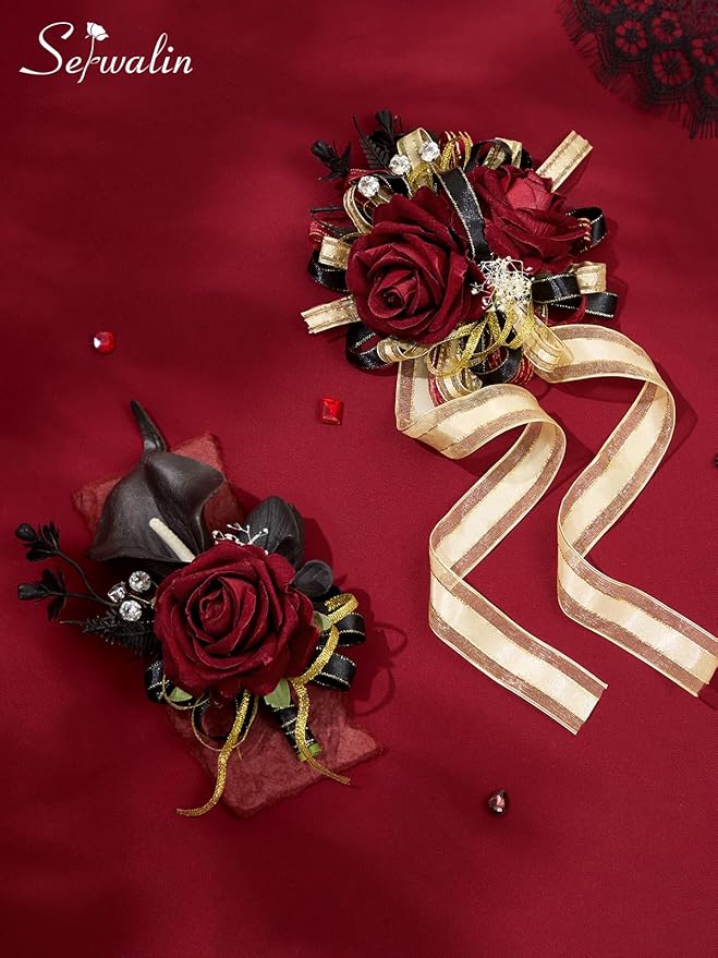 Serwalin Burgundy Prom Corsage and Boutonniere Set, Artificial Calla Lily Red Rose Wrist Corsage Wristlet for Homecoming, Formal Dance, Wedding Flowers Accessories Suit Decorations