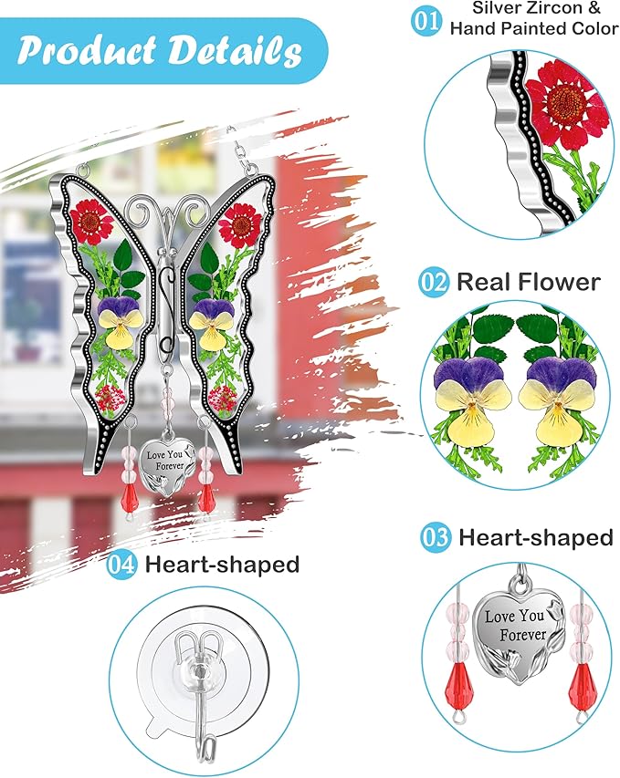 KY&BOSAM Butterfly Suncatcher for Windows Hangings Stained Glass Love You Forever Sun Catchers Hangings Wind Chime Gifts for Women Grandma Mom Mother`s Day Valentine's Birthday Christmas Thanksgiving