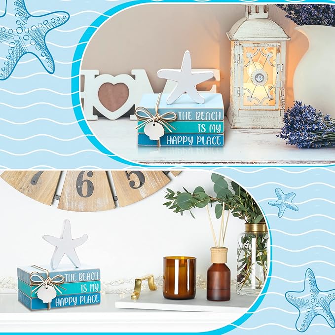 Pinkunn 4 Pcs Beach Themed Room Decor, Blue Starfish Seashell Coastal Block Wooden Block Beachy Centerpiece Decorative Signs & Plaques for Summer Home Office Desk Shelf Home