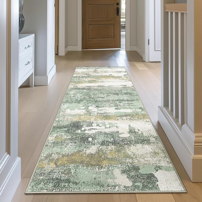 BEIMO Runner Rug for Hallway Kitchen, 3x7 Machine Washable Runners Rug for Entryway, Soft Modern Abstract Throw Rugs, Low Pile Floor Cover with Non Slip Backing, Light Green