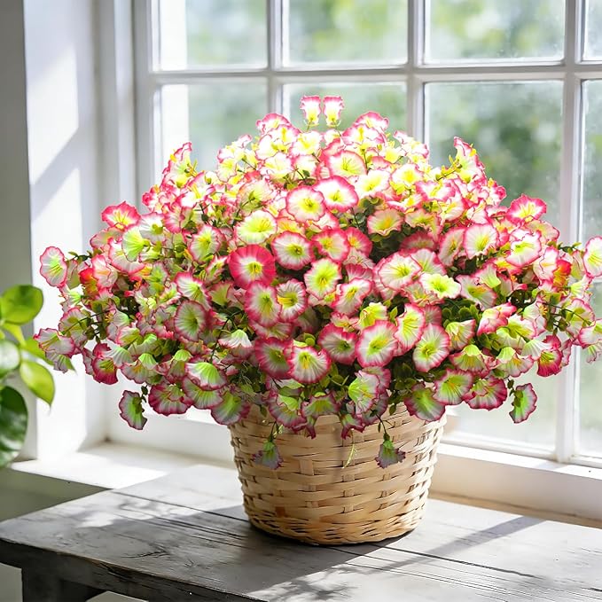 Grunyia Artificial Morning Glory Flowers - UV Resistant Pink Faux Silk Plastic Fake Flower Bundles for Outdoor Indoor Porch Patio Planter Window Box Garden Home Decor