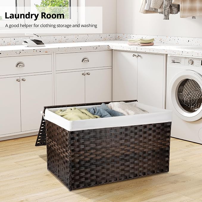 OIAHOMY Large Storage Basket with Lid, 42.3 Gallon (160L) Blanket Basket with Removable Liner Bag, Wicker Hamper with Handle, Foldable, Hamper for Bedroom, Brown