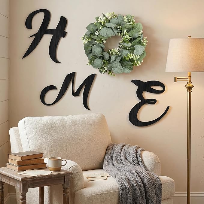 Pinkpum Wood Home Sign with Artificial Eucalyptus Wreath for O, Hanging Farmhouse Wall House Decor Wood Letters for Wall Art Rustic Home Decor, Wall Decor for Living Room Kitchen Entryway (Black)