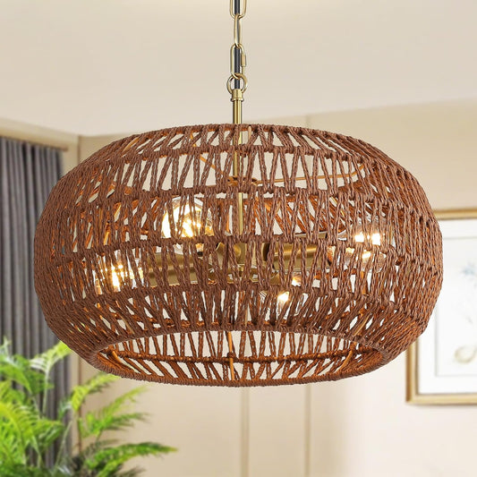Boho Decor Pendant Light Kitchen Island,Rattan Chandeliers for Dining Room Light Fixture,Modern Farmhouse Decor Hanging Lights for Bedroom Living Room