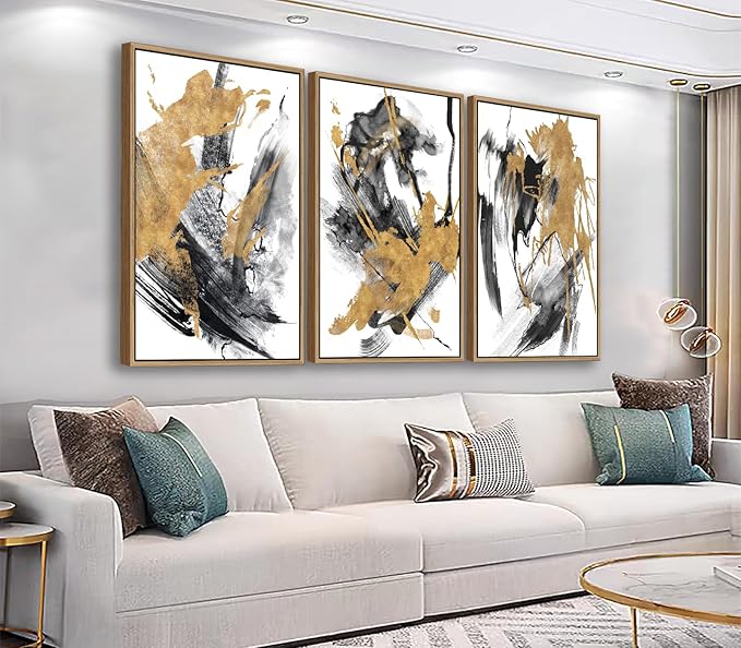 Large Modern Painting Wall Art for Living Room Natural Wood Float Framed Art Set of 3 Abstract Canvas Pictures Minimalist Artwork Canvas Prints for Bedroom Home Office Wall Decor 16X24inX3pcs