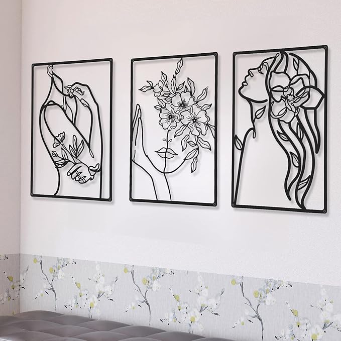 CHENGU 3 Pieces Minimalist Metal Wall Art Decor, Abstract Woman Line Art Wall Decor, Modern Metal Sculpture for Living Room Bedroom Bathroom Apartment Aesthetic Home Decoration