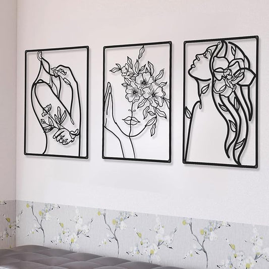 CHENGU 3 Pieces Minimalist Metal Wall Art Decor, Abstract Woman Line Art Wall Decor, Modern Metal Sculpture for Living Room Bedroom Bathroom Apartment Aesthetic Home Decoration