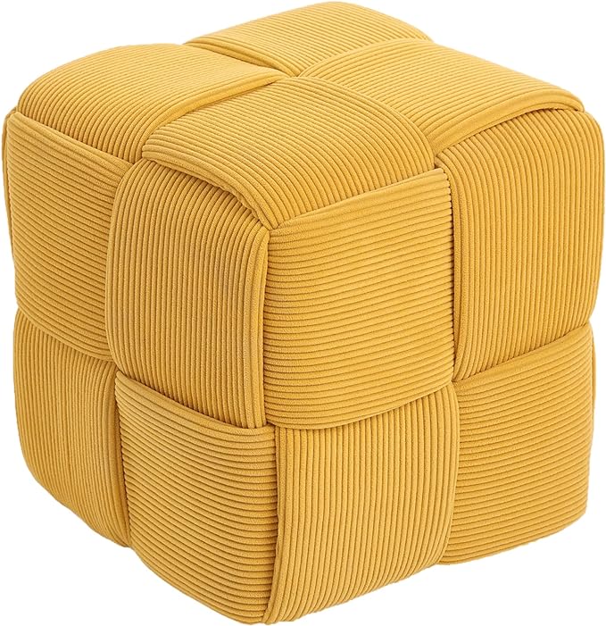 Cmishe 15" Square Woven Corduroy Ottoman Footrest - Modern Vanity Stool for Living Room & Entryway, Eco-Friendly Wood Frame, No Assembly (Yellow)