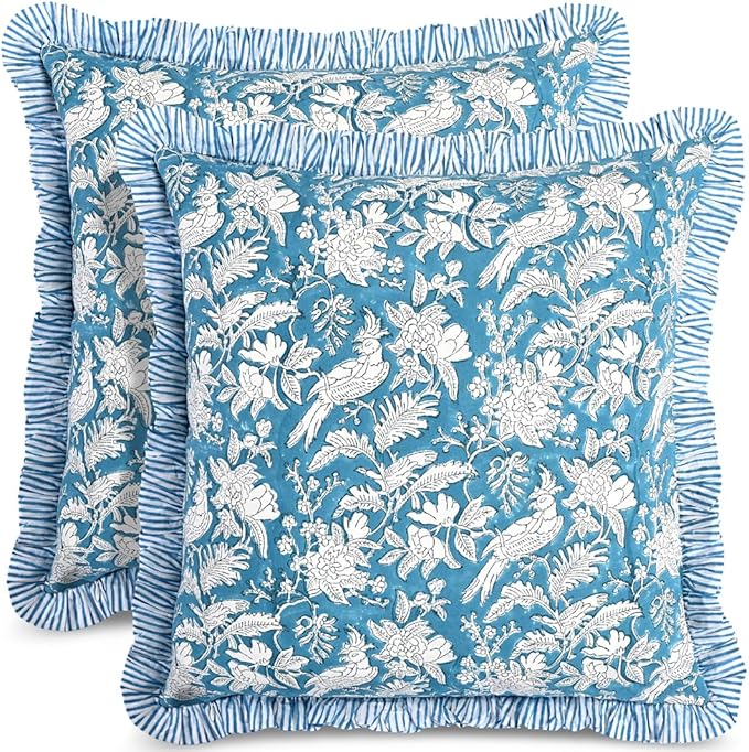 CPC Block Print Ruffle Throw Cover Blue Sapphire 24"x24" Inch Pack of 2-100% Cotton Ruffle Couch Decorative Boho Pillows Case for Living Room, Bedroom, Sofa, Farmhouse Gift for Spring, Mother's Day