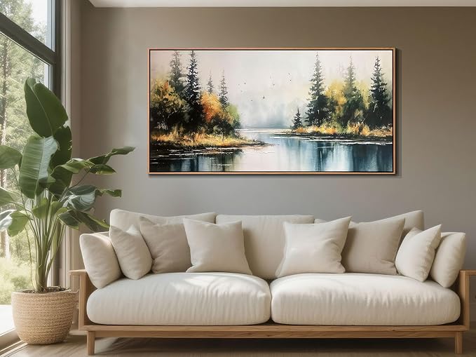 Arjun Forest Wall Art Canvas Landsacape Lake Painting Framed Large 58"x29" | Extra Large Wall Art for Living Room Bedroom Textured Lake Scenery Picture Artwork Dining Room Kitchen Home Office Wall Decor