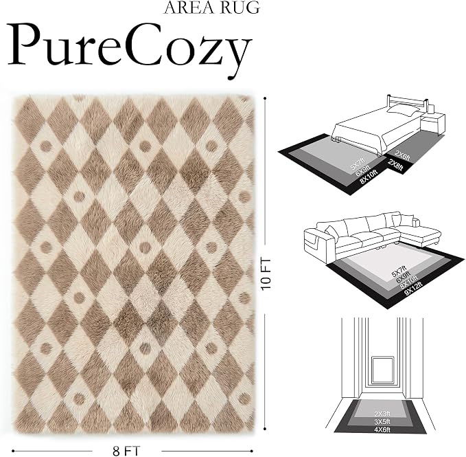 PureCozy Brown 8x10 Area Rug for Living Room Washable Non Slip Neutral Soft Bedroom Checkered Carpet Colorful Fluffy Modern Shag Fuzzy Indoor Large Aesthetic Bedroom Home Office Playroom Nursery