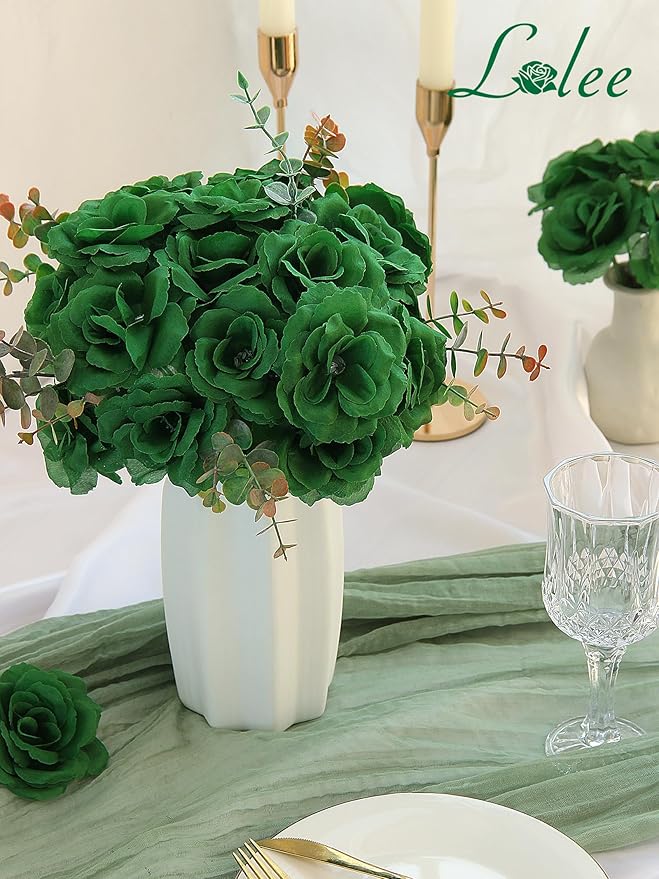 LELEE Rose Head Flowers with Stem - 108pcs Emerald Green Rose Artificial Flowers Bulk - Silk Roses Fake Flower for Wedding Bouquet Party Home Decor DIY Centerpieces Tables St Patrick's Day Decoration