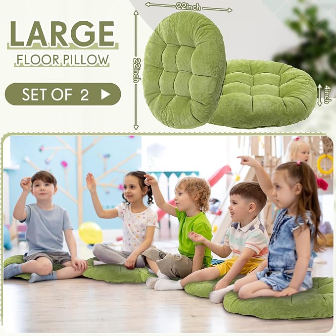 Jerify 2 Pcs Floor Pillow Cushions Large Round Square Large Meditation Floor Pillow for Classroom Adult Meditation Picnic Party Seating Learning Daycare School (Round,Bright Green)