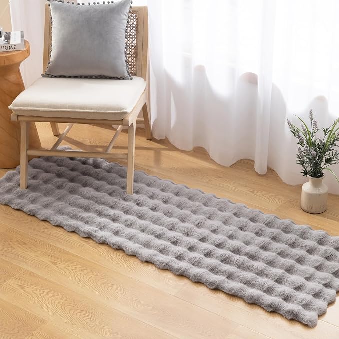 Ashler Faux Rabbit Fur Rug, Light Grey 2x6 FT Fluffy Soft Runner Area Rugs, Rectangle Fuzzy Carpet for Living Room, Bedroom, Machine Washable - 3D Bubble Mat
