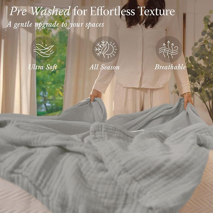 Threadmill Summer Muslin Twin Blanket | 4 Layer 100% Cotton Gauze Blanket | Pre Washed, Soft and Breathable Muslin Throw Blanket | Ideal for All Seasons | Lightweight Picnic Blanket| Light Grey