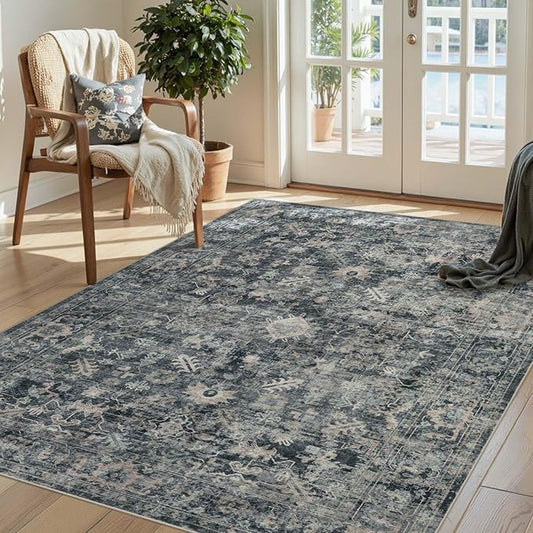 Rugxara 3x5 Rug for Entryway Bedroom, Blue 3x5 Washable Area Rug, Vintage Retro Boho Throw Rug, Non Slip & Low Pile Small Carpet for Indoor Kitchen, Bedside, Living Room, Bathroom and Dining