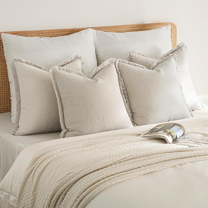 MIULEE Decorative Couch Pillow Covers Neutral Beige Linen Fringe Throw Pillows Set of 4 Boho Farmhouse Cushion Covers Soft Accent Pillowcases for Bed Couch Sofa Living Room Spring Decor 18x18 Inch