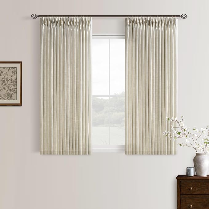 TWODRAPES Short Linen Pinch Pleated Curtains 2 Panels Set for Living Room Bedroom Boho Farmhouse Memory Trained Semi Sheer Light Filtering Linen Textured Drapes Back Tab Cafe Curtain 50Wx45L