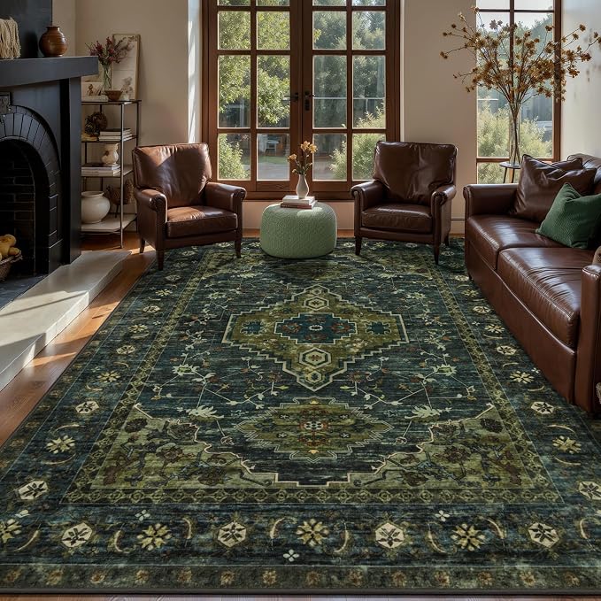 Tangsoo 9x12 Area Rugs for Living Room, Washable Large Area Rugs Oriental Vintage Indoor Non Slip Print Carpet Soft Low Pile Rug Foldable Floor Rug for Bedroom Dining Room Dorm Olive Green