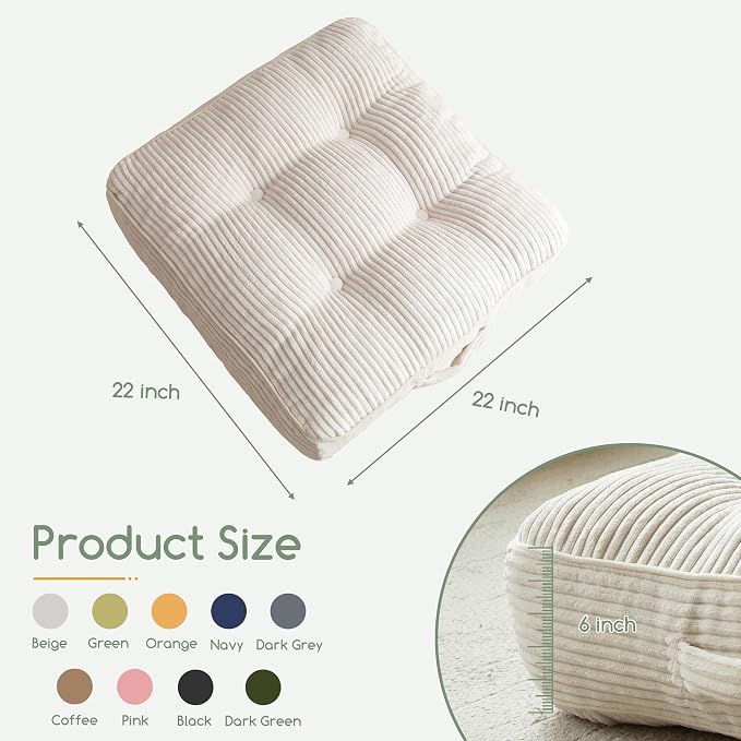 HIGOGOGO 6" Extra Thick Floor Pillow Cushion for Adults, Meditation Cushion Pillow, Large Square Floor Sitting, Tufted Corduroy Cover, for Tatami Living Room or Yoga, 22x22 Inch, 2Pack, Beige