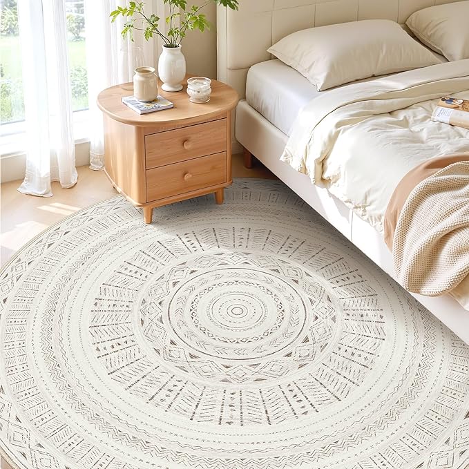 cotiled 8x8 Round Area Rug Living Room: Washable Boho Rugs with Non Slip Backing Large Soft Indoor Stain Resistant Carpet for Bedroom Farmhouse Dining Room Lightweight Home Decor L Brown/Cream