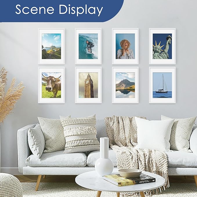 PEALSN 10x14 Picture Frame Set of 6, Display Pictures 8.5x11 with Mat or 10x14 without Mat for Wall Mounting or Table Top Display, Photo Frames Collage for Wall Decor, White.