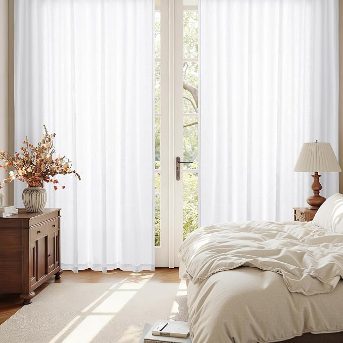 Nanspring Linen Curtains 90 Inches Long 2 Panels for Bedroom White Living Room Light Filtering Windows with Back Tab, Semi Sheer & Privacy Added Farmhouse Style for Living Room, White, W50 x L90