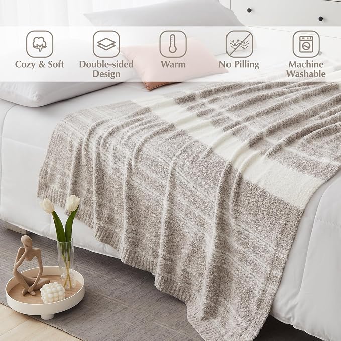 WRENSONGE Soft Throw Blanket for Couch-Cozy Reversible Knitted Blankets | Lightweight Warm Fluffy Decor for Women, Mom, Her & Girls, Sofa, Chair, Bed, 50x70in,Taupe Stripe