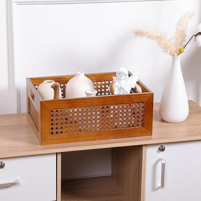 Wooden Storage Basket Handmade Rattan Drawer Storage Box with Frame & Handles Decorative Natural Bamboo Woven Bins Rustic Farmhouse Decor Home Office Tabletop Shelf Organizer 15" x 11" x 5.9"