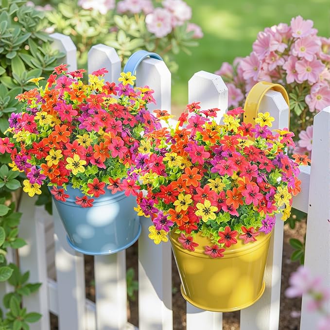 SHareconn 36 Bundles Artificial Flowers for Outdoors Spring Decoration, Fake Silk Realistic Faux Plants UV Resistant for Outside Planter Porch Patio Summer Indoor Decor, RedRose PurpleYellowOrange