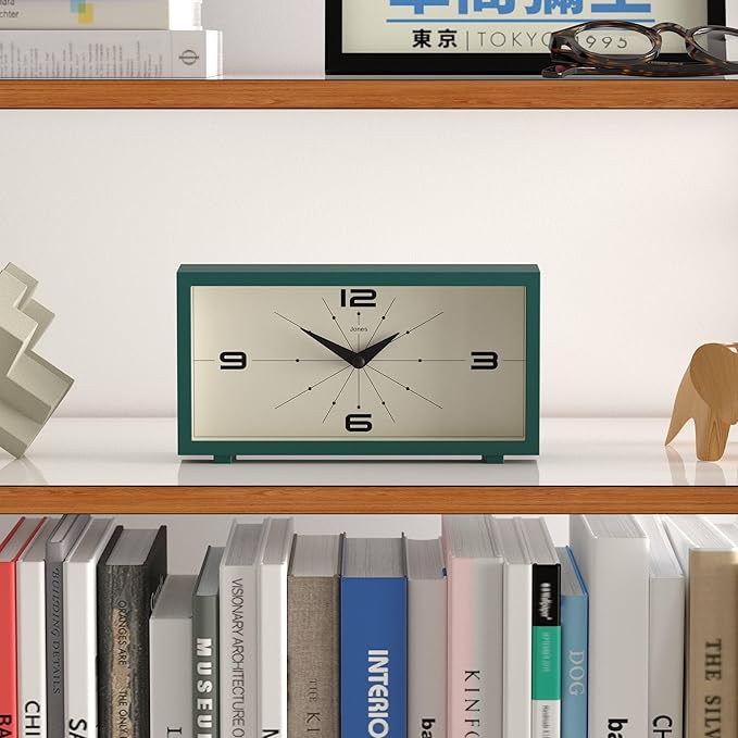 JONES CLOCKS® Odeon Desk Clock | Modern Rectangular Design | Green | Stylish Retro Look for Shelf, Table, Mantel or Bedside