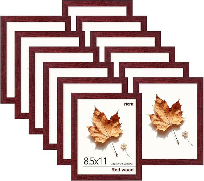Picrit 8.5x11 Picture Frame Set of 12, Display 6x8 with Mat or 8.5 x 11 without Mat, Photo Frames for Wall Mounting or Table Top Display, Dark Red Wood