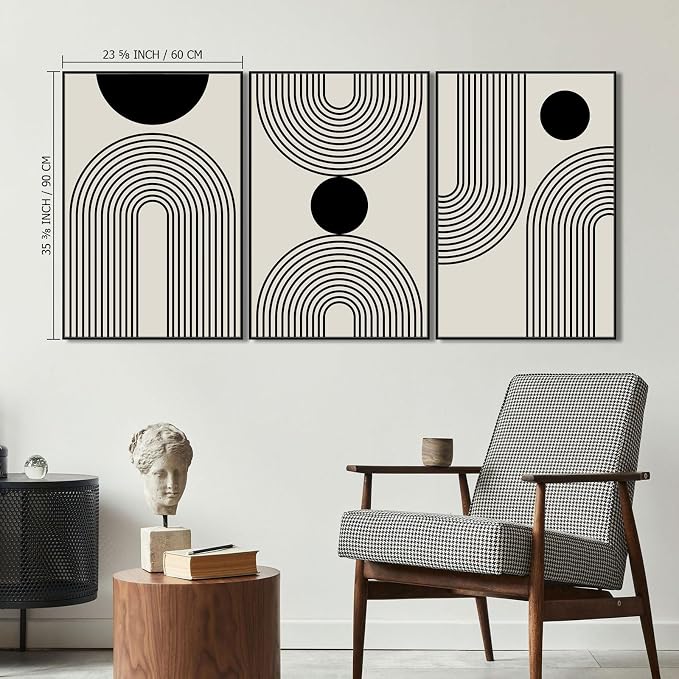 SAFERRYHOME Boho Abstract Wall Art, 3 Pieces Mid Century Modern Framed Canvas Wall Decor Neutral Beige Black Art Painting Print, Geometric Line Artwork Picture for Living Room Bedroom Office, 24"x36"