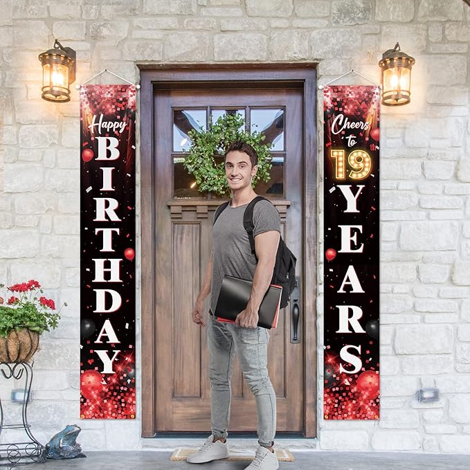 Happy 19th Birthday Porch Sign Door Banner Decor Red and Black – Glitter Cheers to 19 Years Old Birthday Party Theme Decorations for Boys Girls Supplies