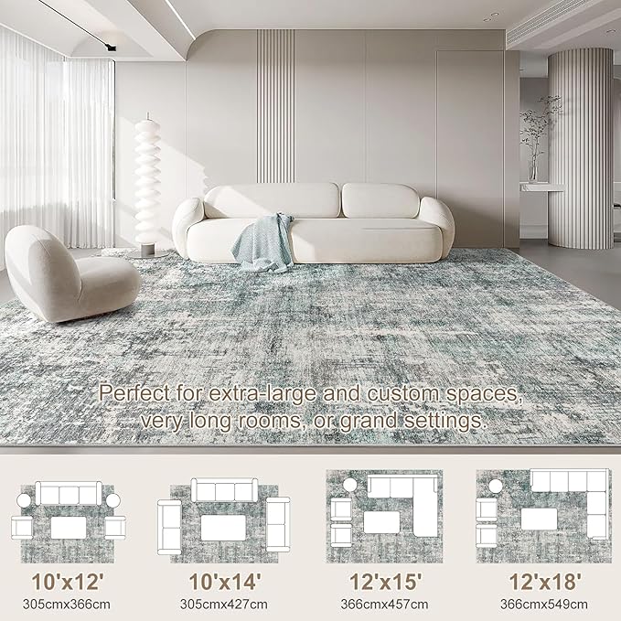 UERMEI 10x14 Area Rug Living Room Rugs - Washable Neutral Modern Abstract Soft Thin Large Rug Indoor Floor No Slip Rug Carpet for Bedroom Under Dining Table Home Office Decor - Green/Grey