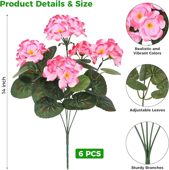 Ouddy Decor Artificial Geranium Flowers for Outdoors, Fake Silk Flowers UV Resistant Faux Geraniums for Vase Planter Garden Patio Balcony Porch Indoor Outdoor Spring Summer Home Decor, 6 Pcs Pink