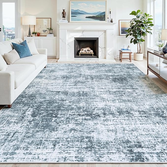 9x12 Area Rugs Washable Rug:Anti-Skid Abstract Modern Living Room Rug Soft Thin Carpets Indoor Floor Non-Shedding Carpet for Bedroom Dining Farmhouse Nursery Home Office(Light Slate Blue/White, 9x12)