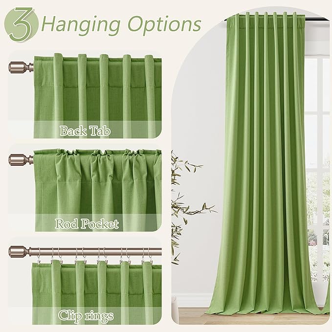Guken Lime Green 100% Blackout Linen Curtains 108 Inch Length 2 Panels Set for Living Room Bedroom Back Tab/Rod Pocket Thermal Insulated Farmhouse Black Out Drapes Room Darkening,52x108