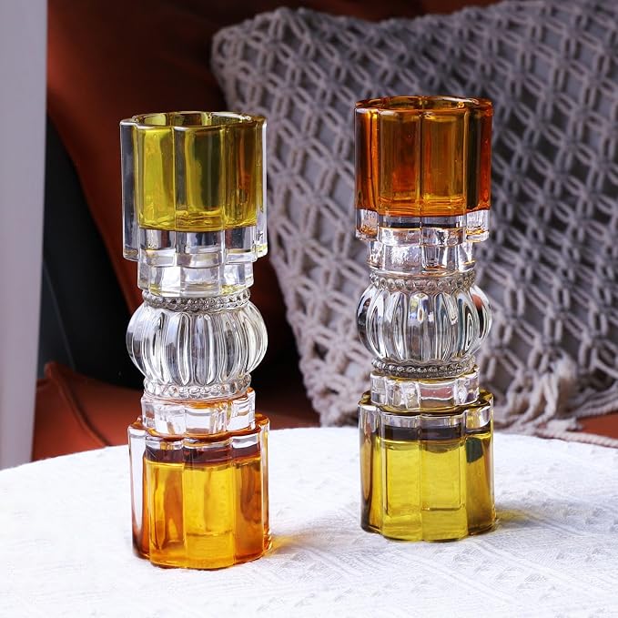 VOHO Amber Votive Candle Holders for Fall Decor, Set of 2 Vintage Tealight Candle Holder for Coffee Table Mantle, Tall Votive Holder Jazzy Glass Mix for Centerpiece(7.87x2.75 in W/H, Shades of Amber)