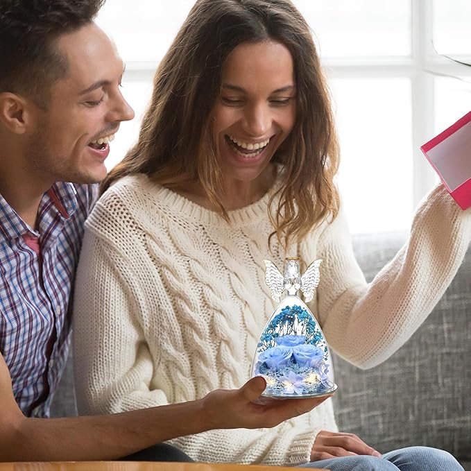 Mothers Day Rose Gifts for Women Preserved Real Flower in Glass Angel Figurines Roses for Delivery Prime Birthday Gifts for Mom Grandma Girlfriend Wife Her, Sky Blue