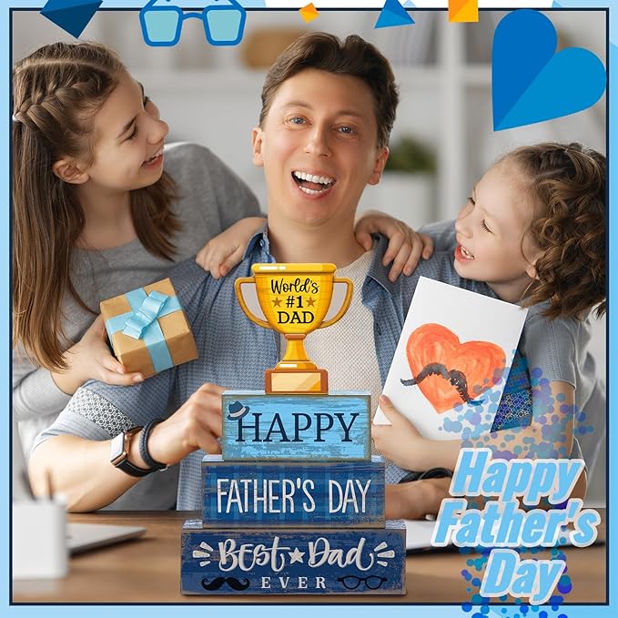 Yuntau 4 Pcs Father's Day Decorations Happy Father's Wooden Tabletop Tiered Tray Decor Rustic Best Dad Ever Trophy Wood Block Table Sign Centerpiece for Farmhouse Shelf Fireplace Birthday Party Gift