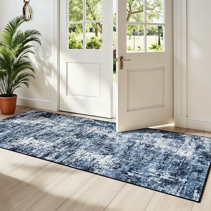 Rugflix 2x5 Runner Rug for Entryway, Kitchen Rugs Soft Non-Slip Washable Runners for Hallway, Abstract Small Carpet with Non-Slip Backing for Bedroom, Living Room, Navy Blue/Black