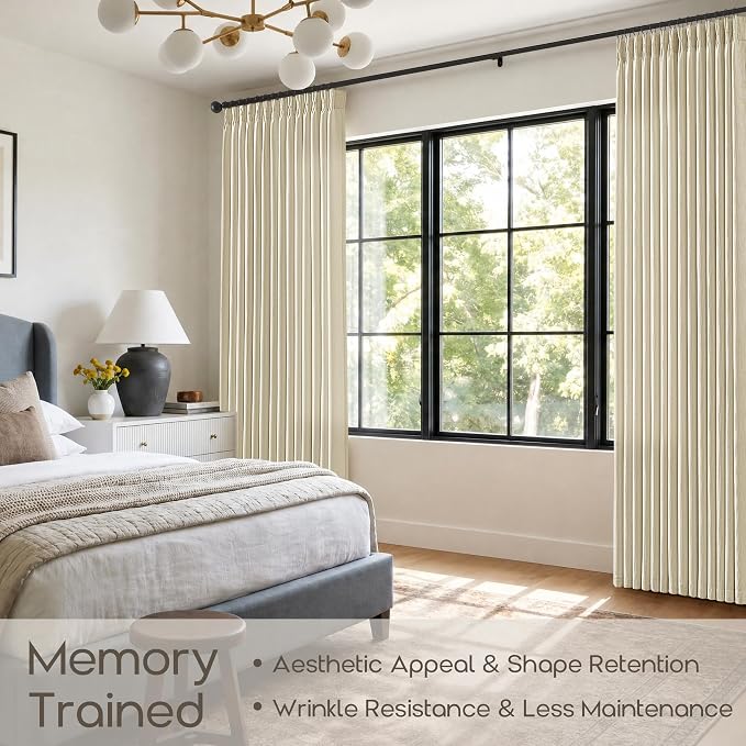 Pleated Linen Curtains 86 Inch 2 Panels for Living Room Warm Cream Beige Semi Sheer Non See Through Linen Textured Window Drapes with Hooks Rings Boho Rustic Pinch Pleat Bedroom Curtains 86 Inches