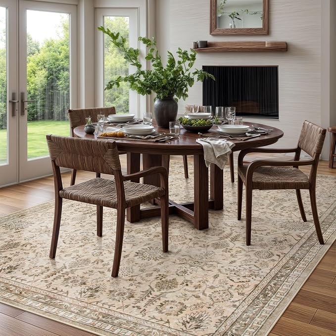 Lahome Tan Beige Area Rug, Distressed Boho 8x10 Rugs for Living Room | Machine Washable Soft Non Slip Room Carpet for Office Apartment Nursery