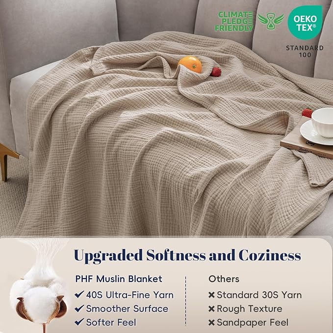 PHF 100% Cotton Muslin Throw Blanket 50" x 60", 4-Layer Lightweight Gauze Throw, Breathable Cloud-Soft Minimalist Blanket for Bed, Couch, Camping, Taupe, Ideal Gift