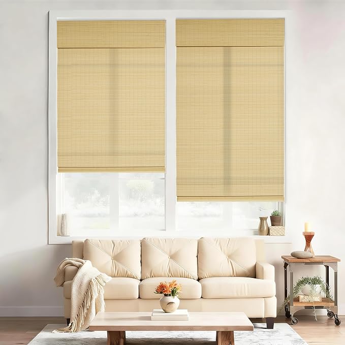 No Drill No Tools Bamboo Roman Shades, Cordless Light Filtering Window Blinds with Valance, Natural Woven Wood Shades for Living Room Dining Room, Privacy Beige, 33.5" W x 48" H